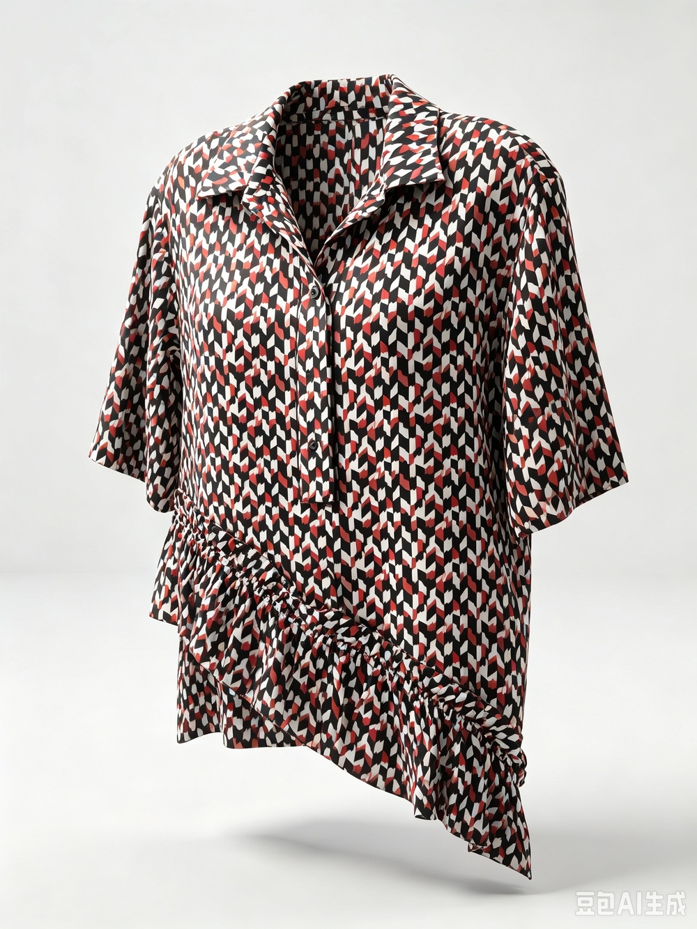 MARNI Abstract Geo Print Short Sleeve Blouse in Black, White & Red